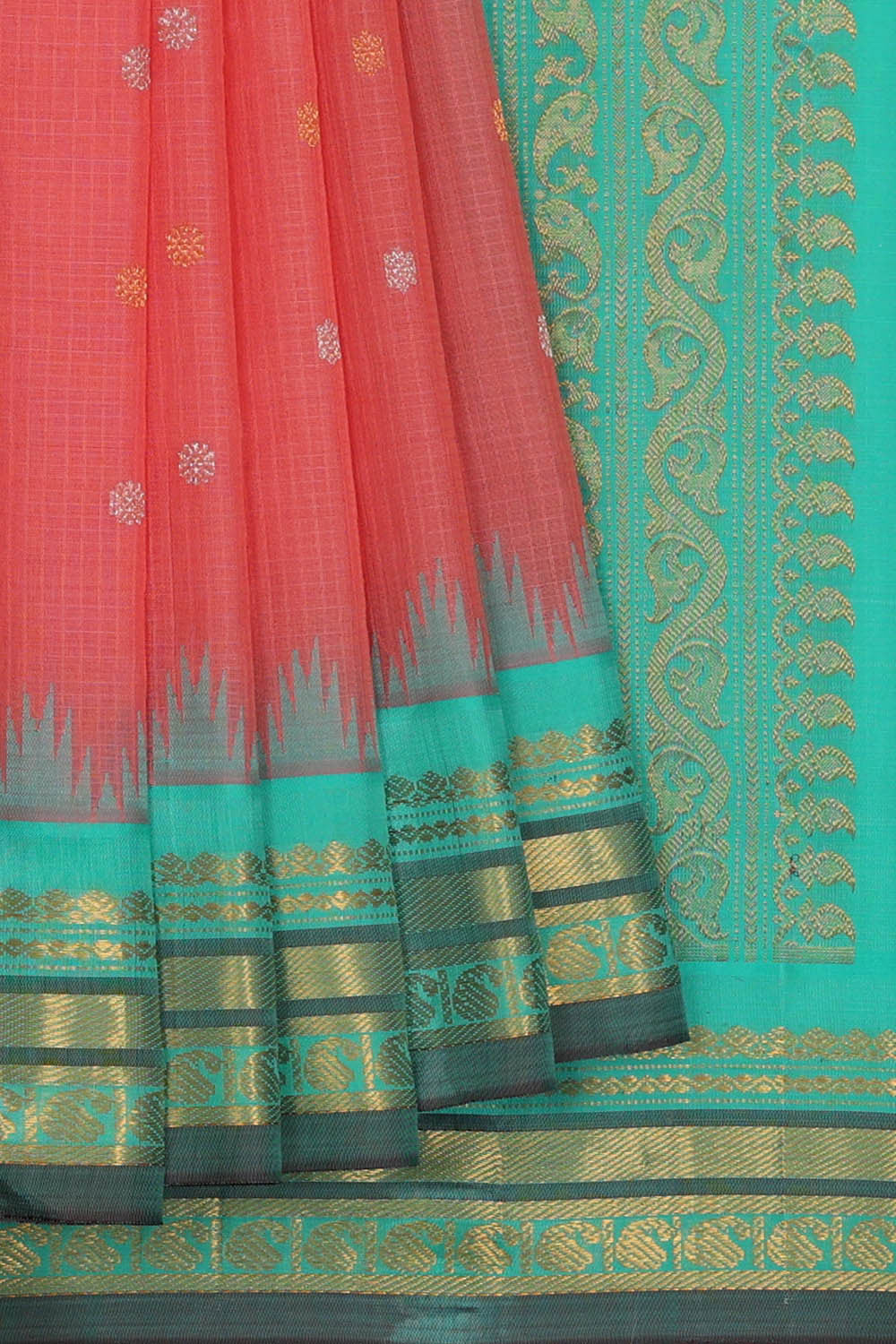 Image of Gadwal Silk Cotton Peach Pink Saree